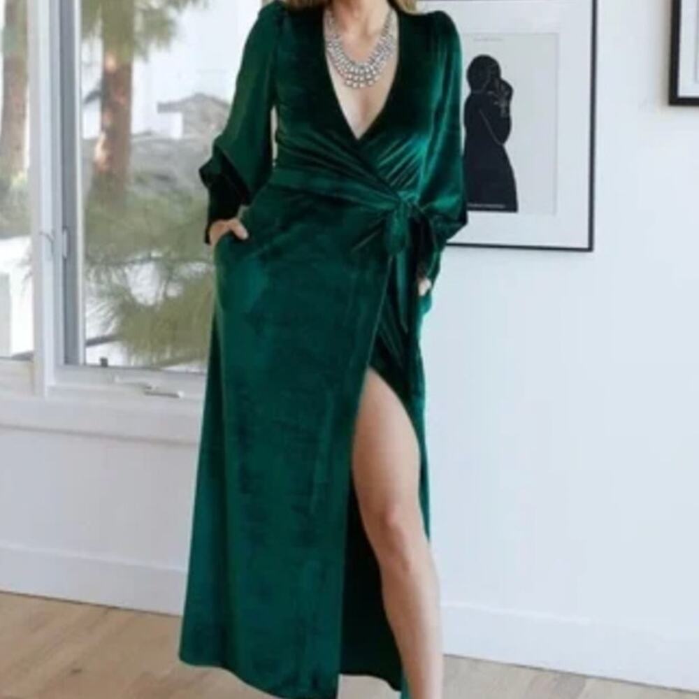 NWT Lady Gang Green Velvet Wrap Dress Holiday Rich Maxi Christmas Party Dress